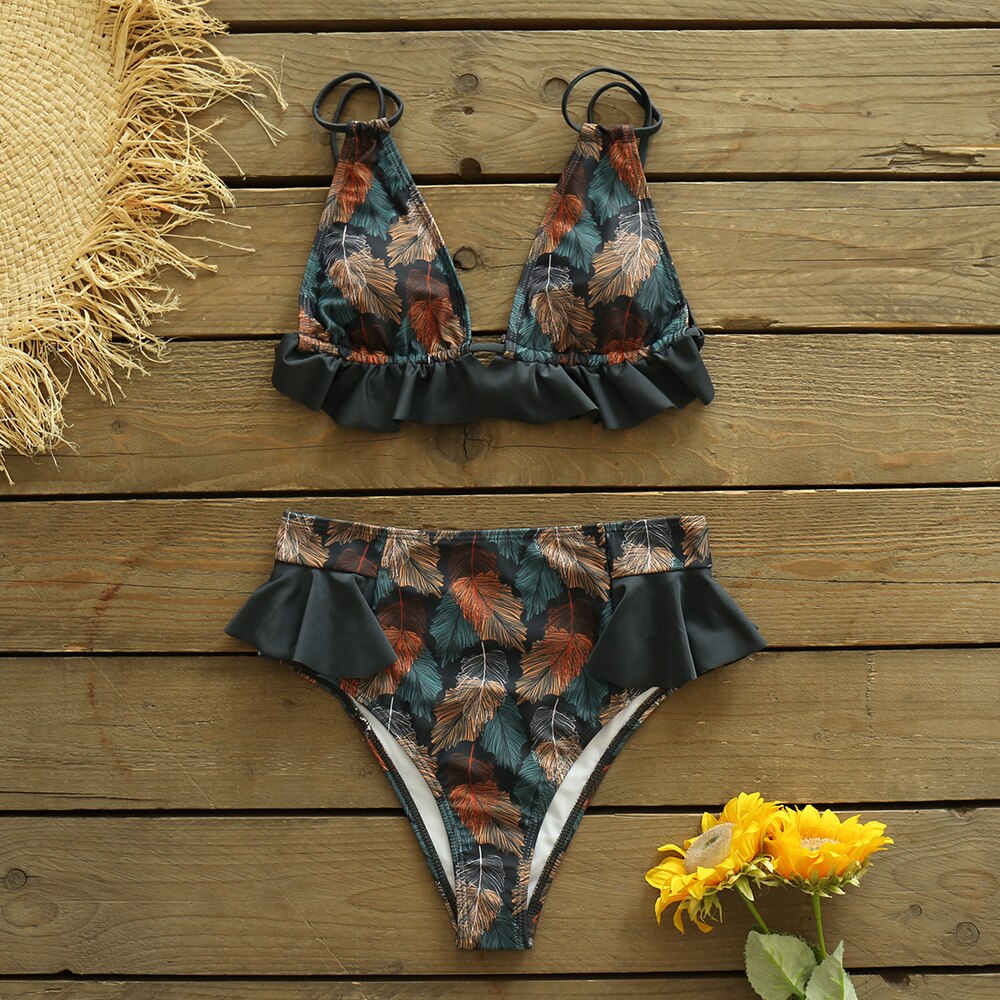 Boho Style High- Waisted Print Bikini Set with Ruffle