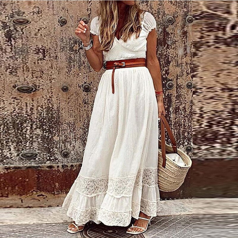 Bohemian White Maxi Dress, Short Sleeves with V-Neck, Lace and Belt