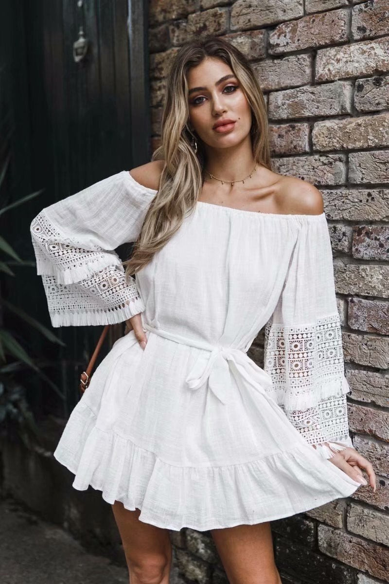 Bohemian Flare Sleeve Summer Lace Dress with Lace Up A-line