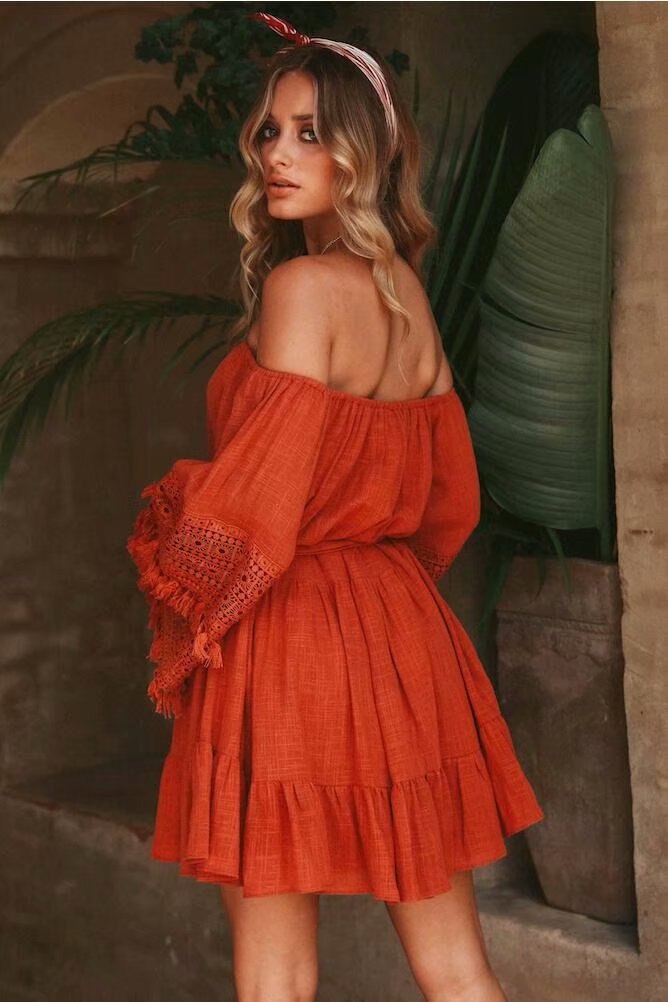 Bohemian Flare Sleeve Summer Lace Dress with Lace Up A-line