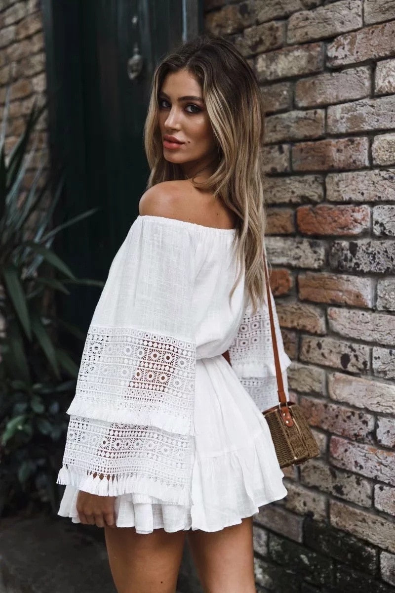 Bohemian Flare Sleeve Summer Lace Dress with Lace Up A-line