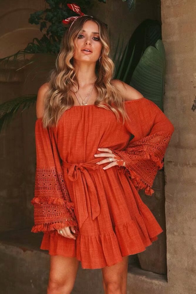 Bohemian Flare Sleeve Summer Lace Dress with Lace Up A-line