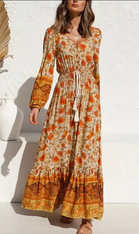 Gypsy/ Vintage Floral Maxi Dress Autumn Print with Tassels