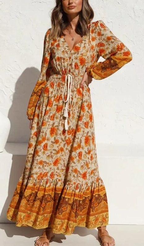 Gypsy/ Vintage Floral Maxi Dress Autumn Print with Tassels