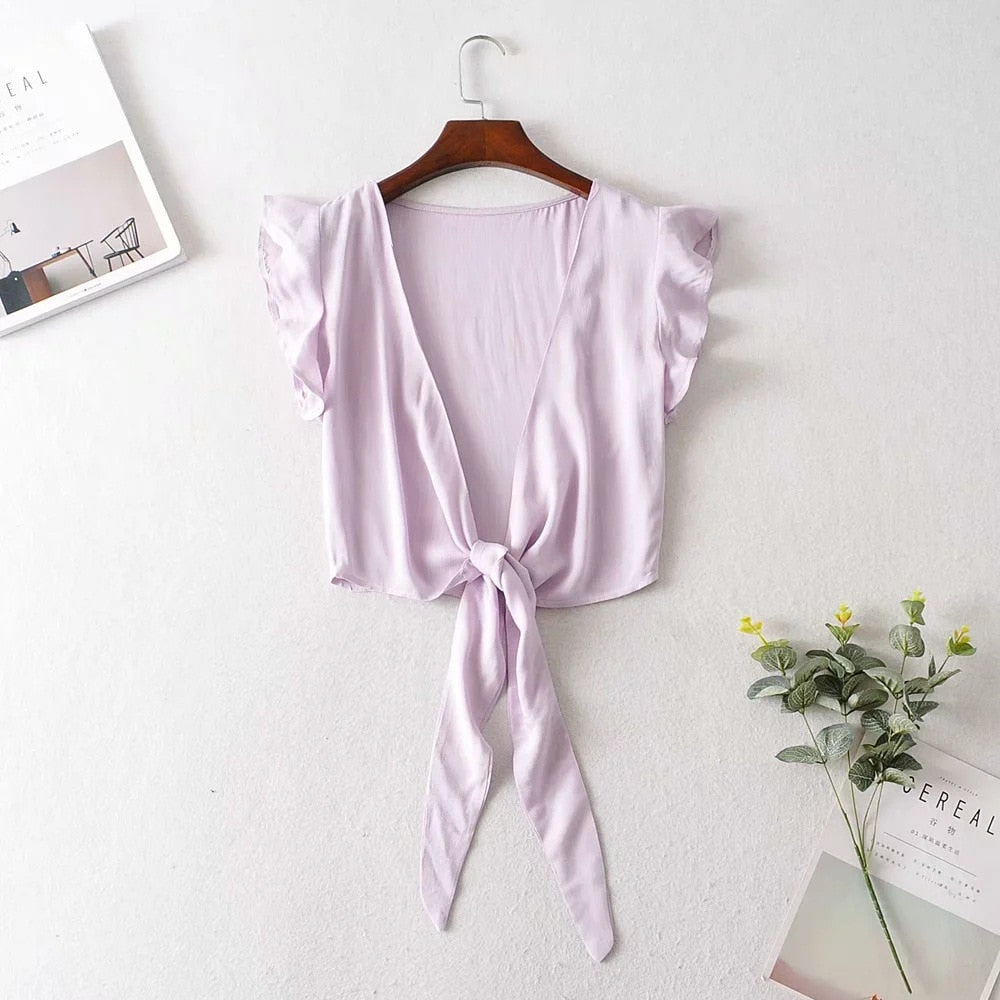 Boho Style Sexy Summer Crop Top With Ruffle Sleeves and V-Neck Casual Tie Up Front