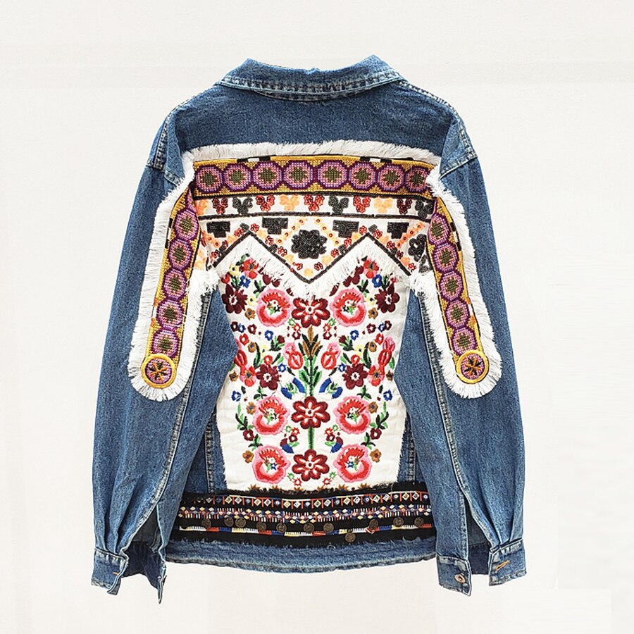 Winter Gypsy/ Boho Cotton Denim Jacket with Retro Floral Embroidery