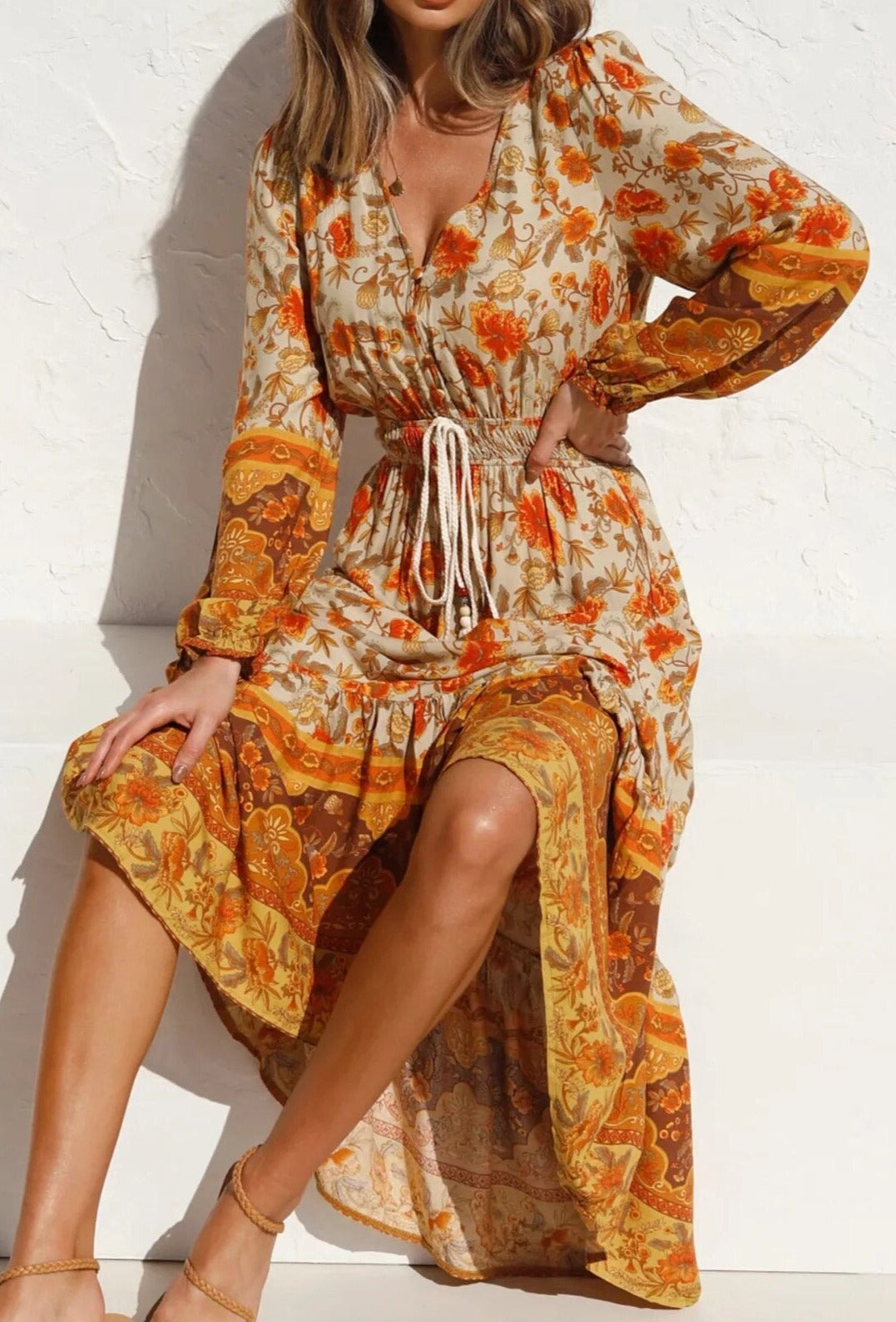 Gypsy/ Vintage Floral Maxi Dress Autumn Print with Tassels