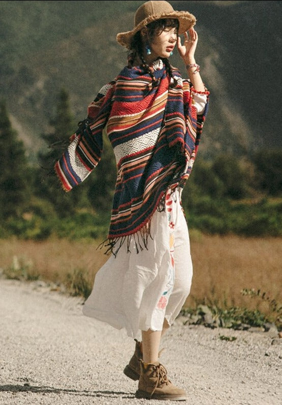 Winter Gypsy/ Boho Floral Knitted Poncho Capes with Tassels