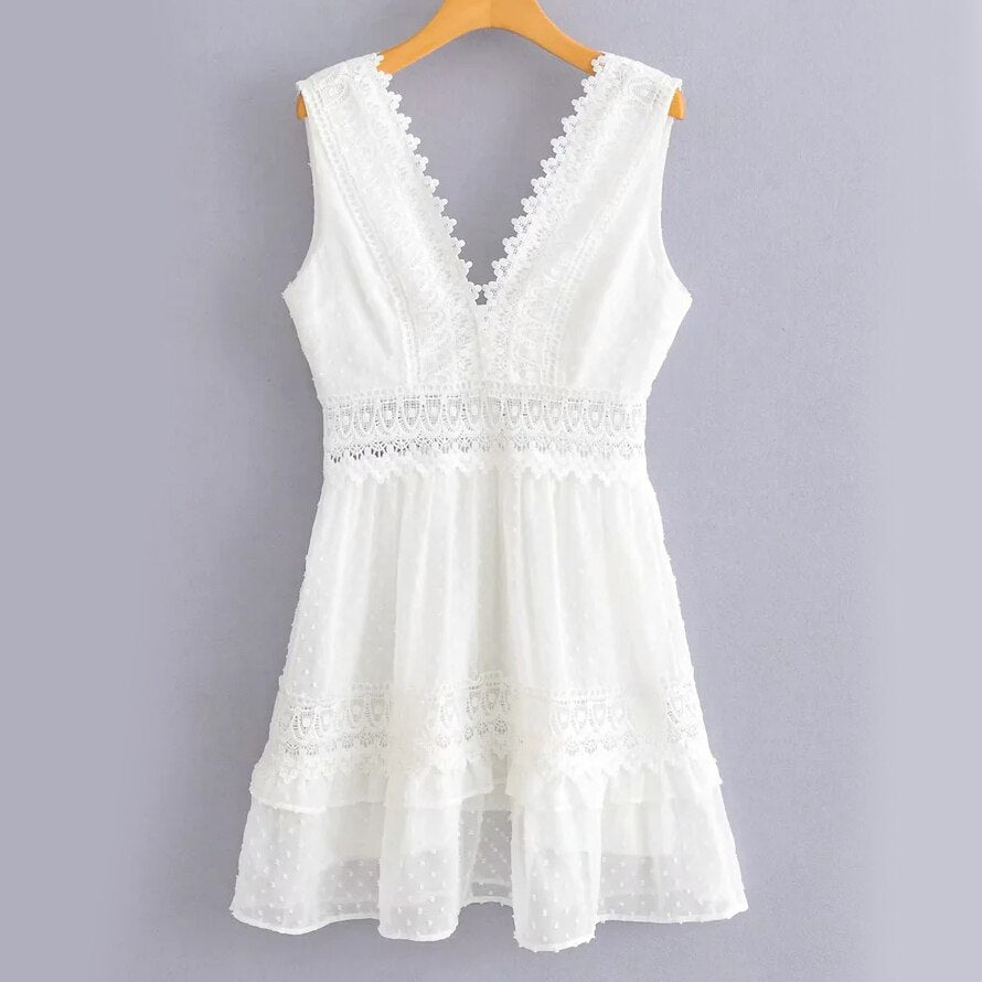 Gypsy/ Boho 100% Cotton Lace Mini Dress, Crochet, Sheer, Backless