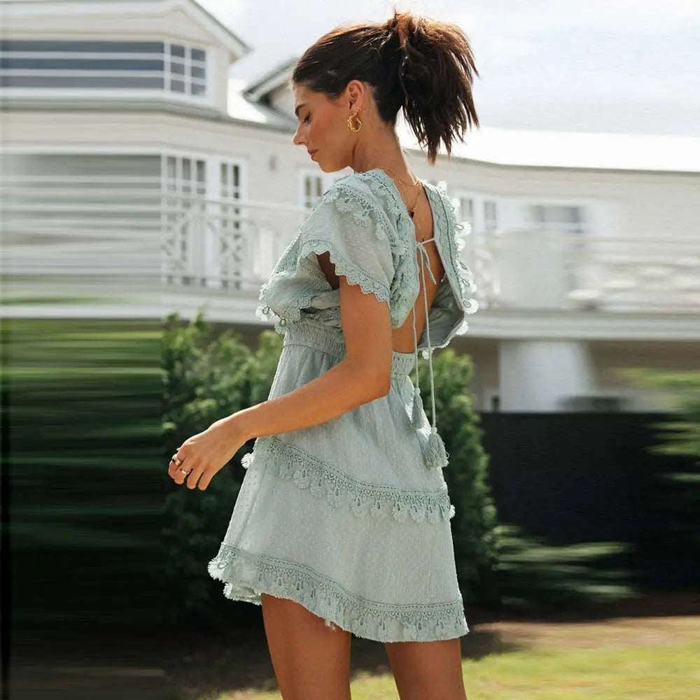 Boho Cotton Summer Sundress with V-Neck, Tassel Lace Tie-Up and a Batwing Sleeve