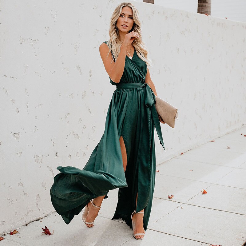 Boho V-Neck Sleeveless Lace Up Long Beach Style Maxi Dress with Split