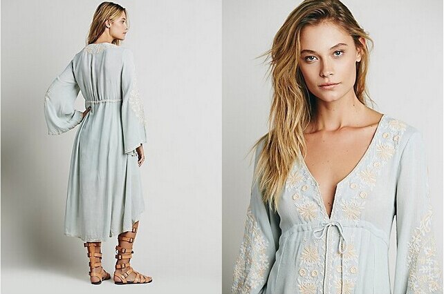 Boho/ Vintage Tunic Style Long Sleeve Dress with Floral Embroidered Cotton and Asymmetric Robe