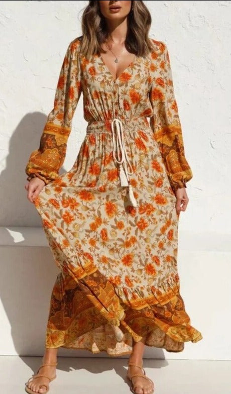 Gypsy/ Vintage Floral Maxi Dress Autumn Print with Tassels