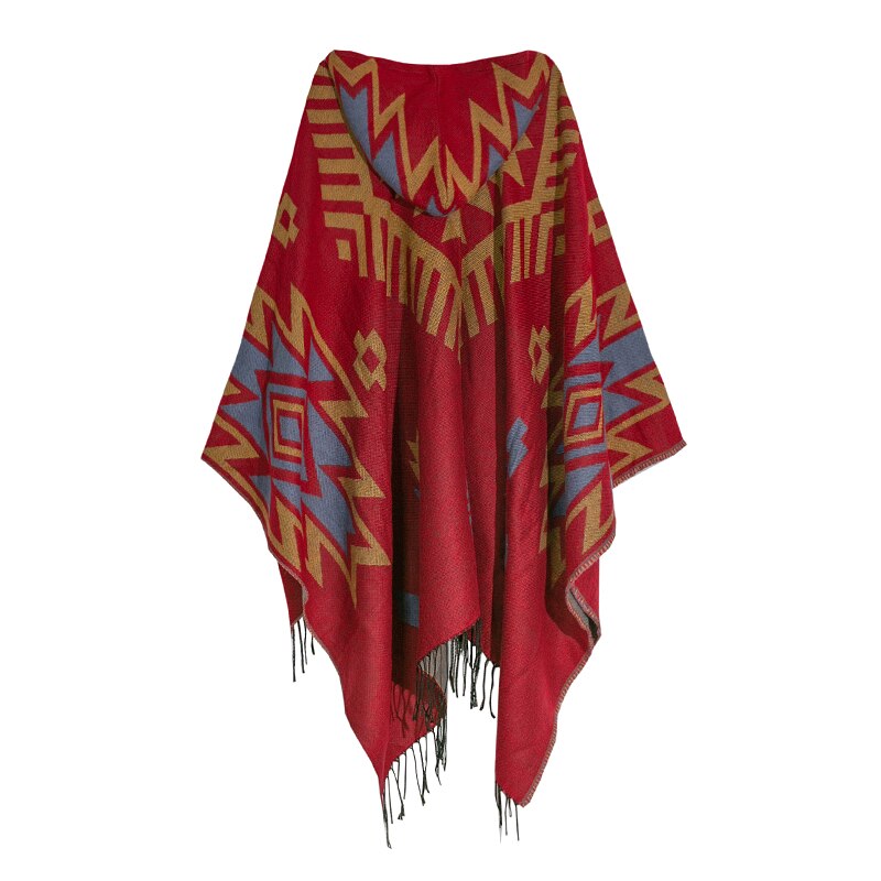 Winter Tribal Print Red Poncho Cloak, Gypsy/ Boho Style with Hoodie, Long Sleeves and Tassels.