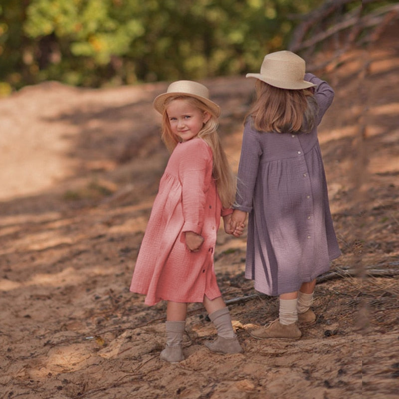 Vintage Style 100% Cotton Girl's/ Kids Casual Dress. Button-Down Dresses with Long Sleeves