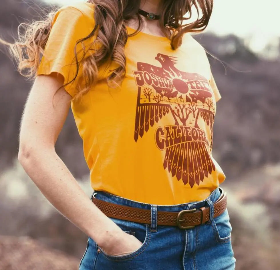 Hillbilly Joshua Tree Thunderbird Women's 70s 80s Vintage Gold T Shirt