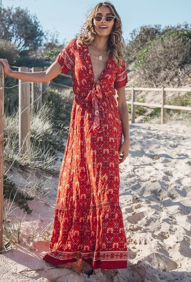 Vintage Boho Floral Printed Maxi Dress with Bow, Deep V-Neck