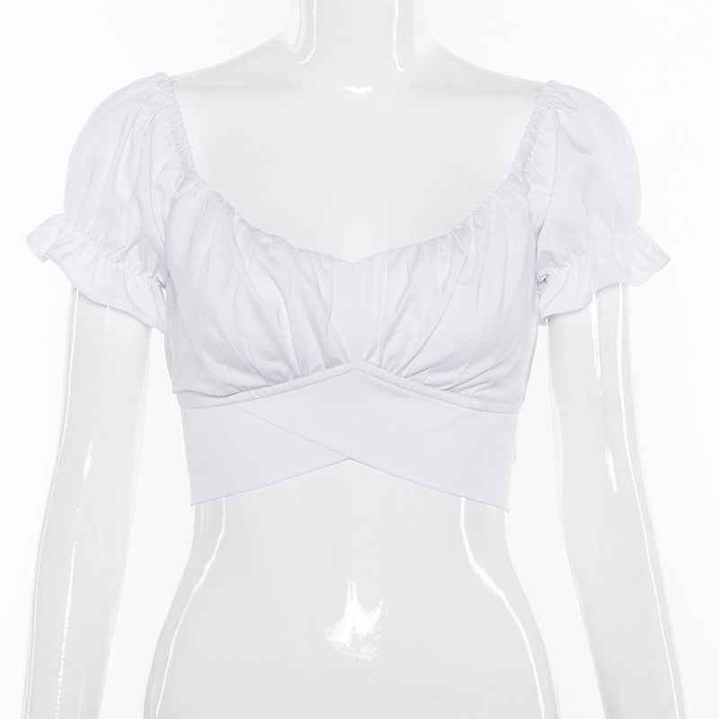 Sexy French Style Short Sleeve Nine Points Lantern Square V-Neck Blouse with Exposed Navel and Frills