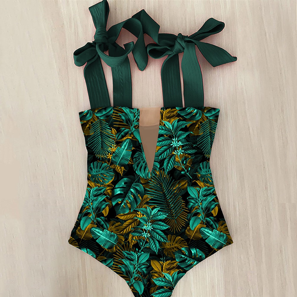 Vintage Style One Piece Monokini Swimsuit with Bow Shoulder Straps