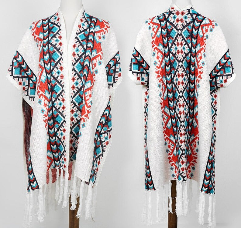 Winter Tribal Printed Gypsy/ Boho Knitted Poncho Cape with Tassels