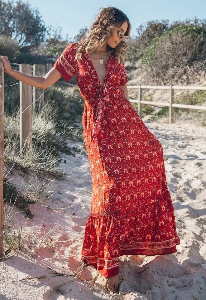 Vintage Boho Floral Printed Maxi Dress with Bow, Deep V-Neck
