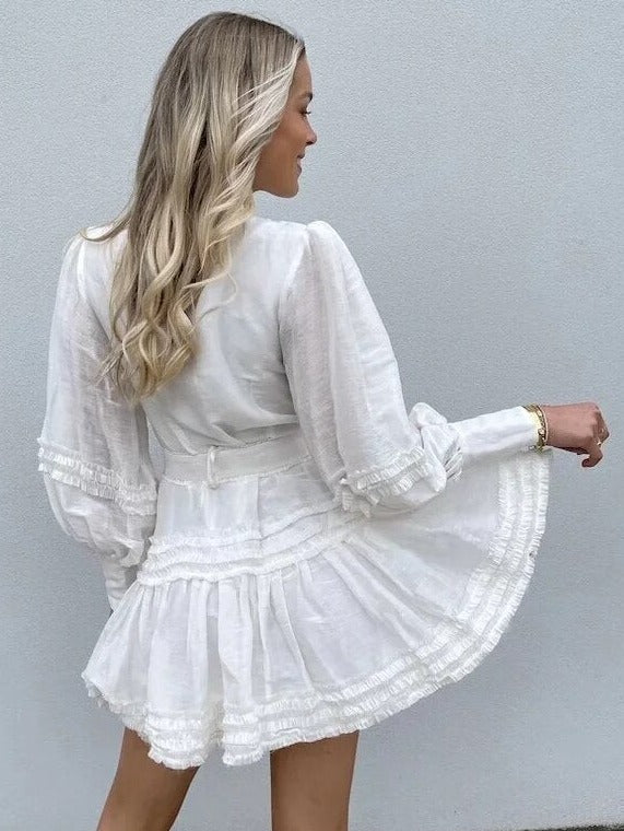 Gypsy/ Vintage White Cotton Mini Dress with Lantern Sleeves and Double White Belt