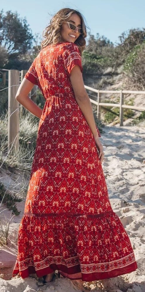 Vintage Boho Floral Printed Maxi Dress with Bow, Deep V-Neck