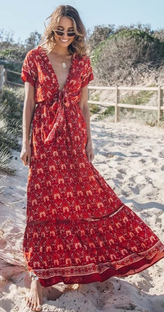 Vintage Boho Floral Printed Maxi Dress with Bow, Deep V-Neck