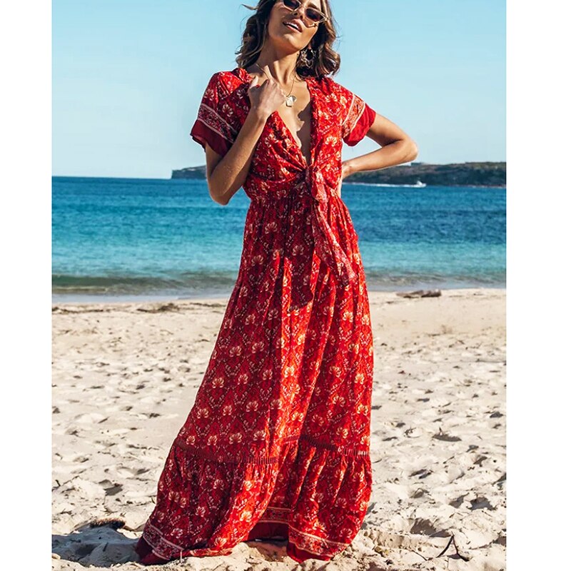 Vintage Boho Floral Printed Maxi Dress with Bow, Deep V-Neck