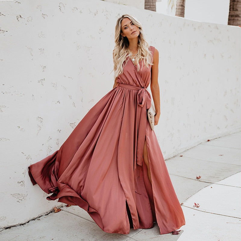 Boho V-Neck Sleeveless Lace Up Long Beach Style Maxi Dress with Split