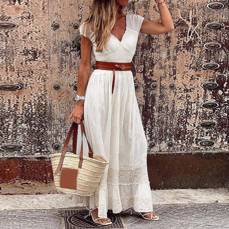 Bohemian White Maxi Dress, Short Sleeves with V-Neck, Lace and Belt