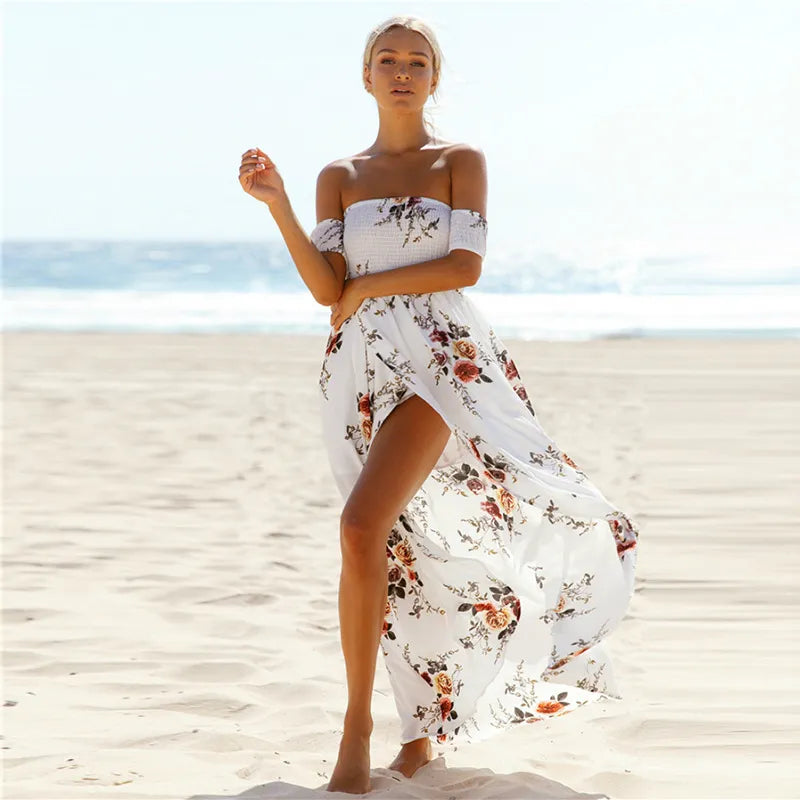 Boho Floral Maxi Sundress Backless with a Split