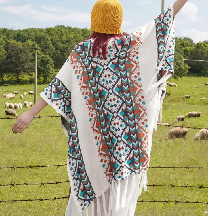 Winter Tribal Printed Gypsy/ Boho Knitted Poncho Cape with Tassels