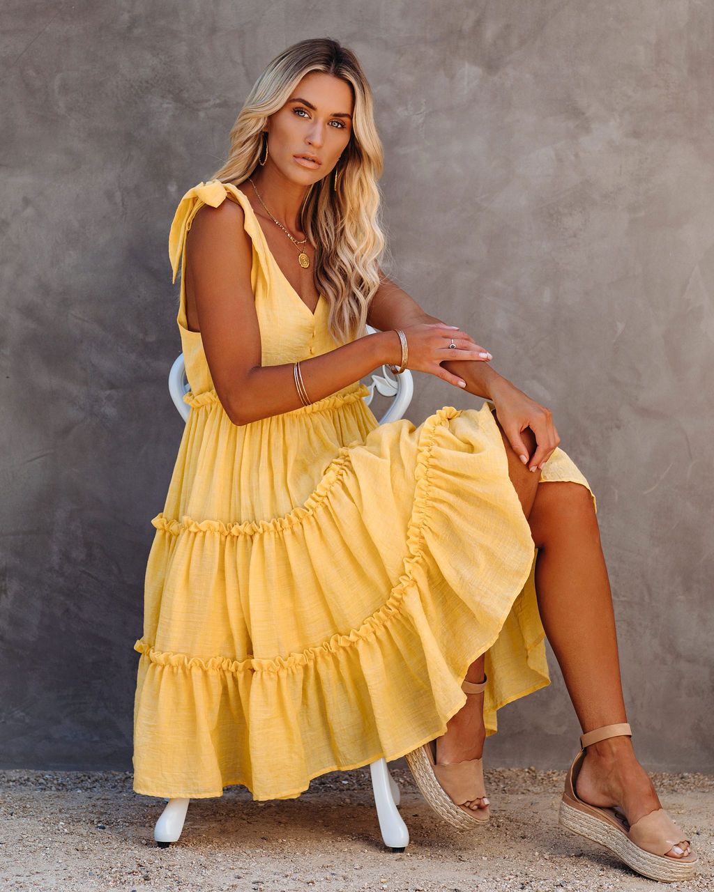 Bohemian Button Up Cotton Dress. Pleated, Ruffles and V-Neck