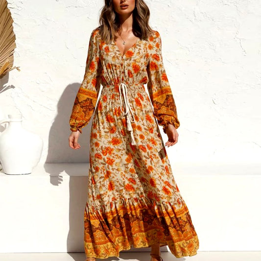 Gypsy/ Vintage Floral Maxi Dress Autumn Print with Tassels