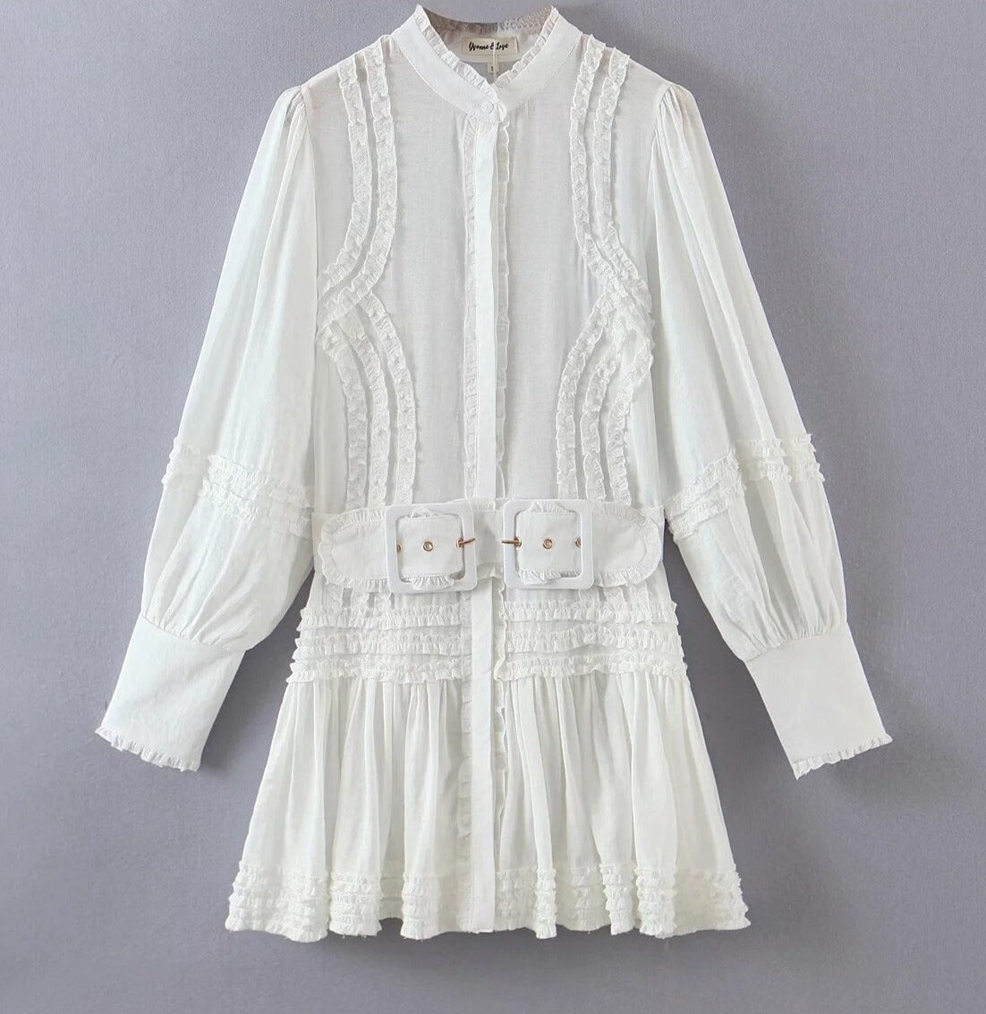 Gypsy/ Vintage White Cotton Mini Dress with Lantern Sleeves and Double White Belt