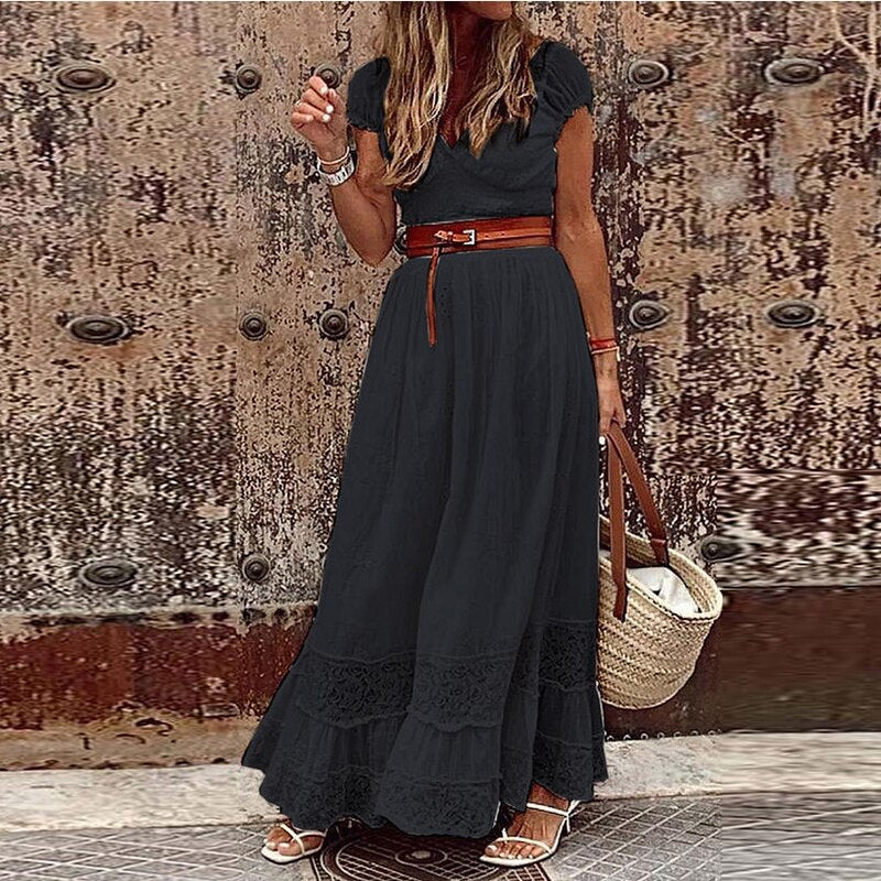 Bohemian White Maxi Dress, Short Sleeves with V-Neck, Lace and Belt