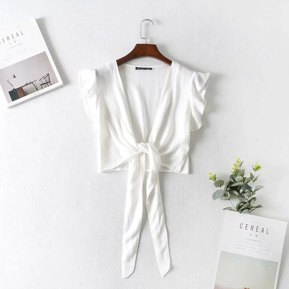Boho Style Sexy Summer Crop Top With Ruffle Sleeves and V-Neck Casual Tie Up Front