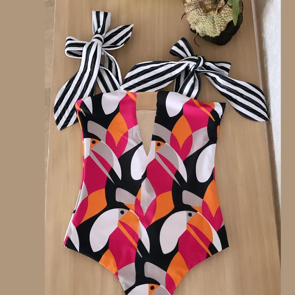 Vintage Style One Piece Monokini Swimsuit with Bow Shoulder Straps