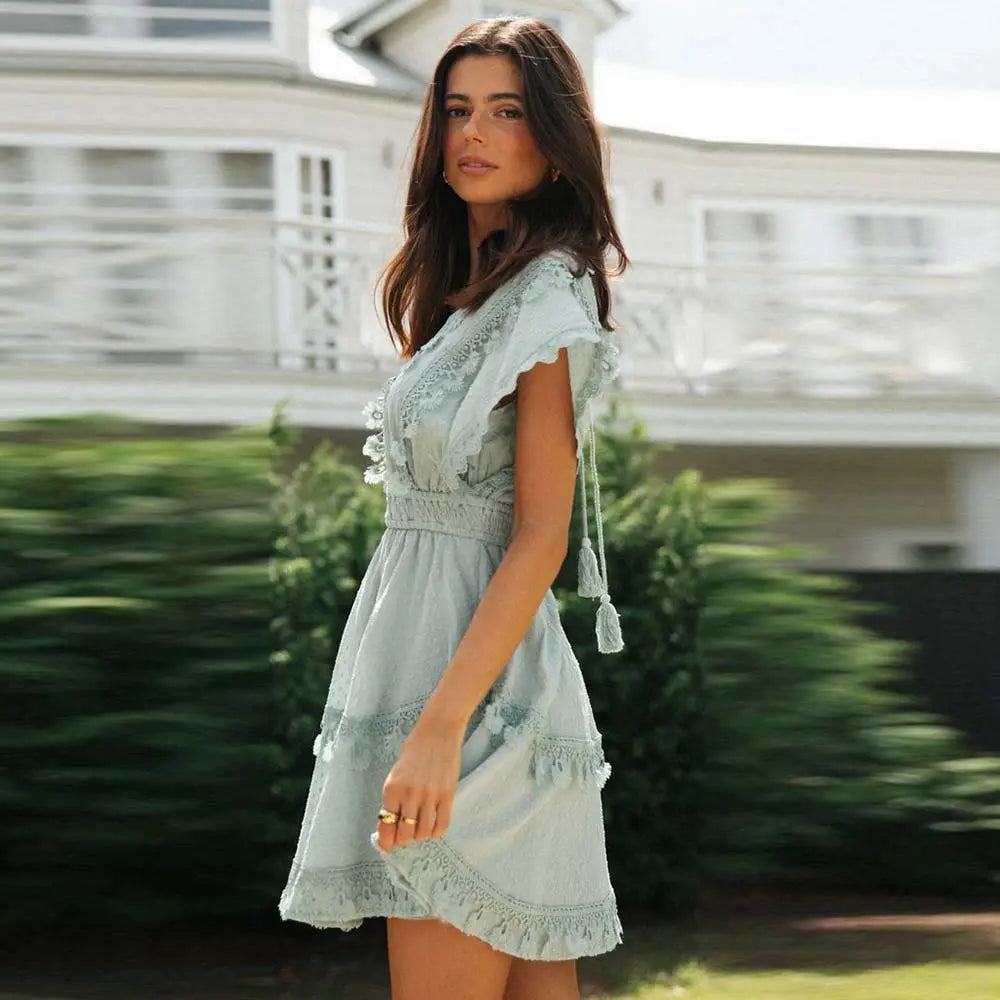Boho Cotton Summer Sundress with V-Neck, Tassel Lace Tie-Up and a Batwing Sleeve