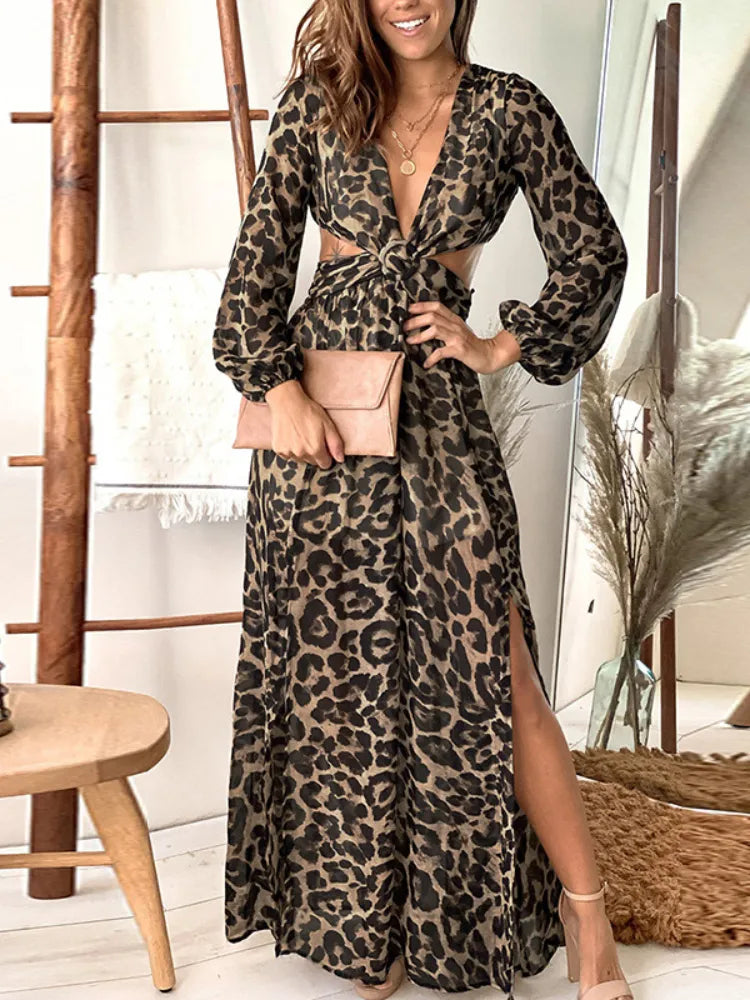 Boho Leopard Print Maxi Dress with Long Sleeves, Deep V-Neck and Side Slit
