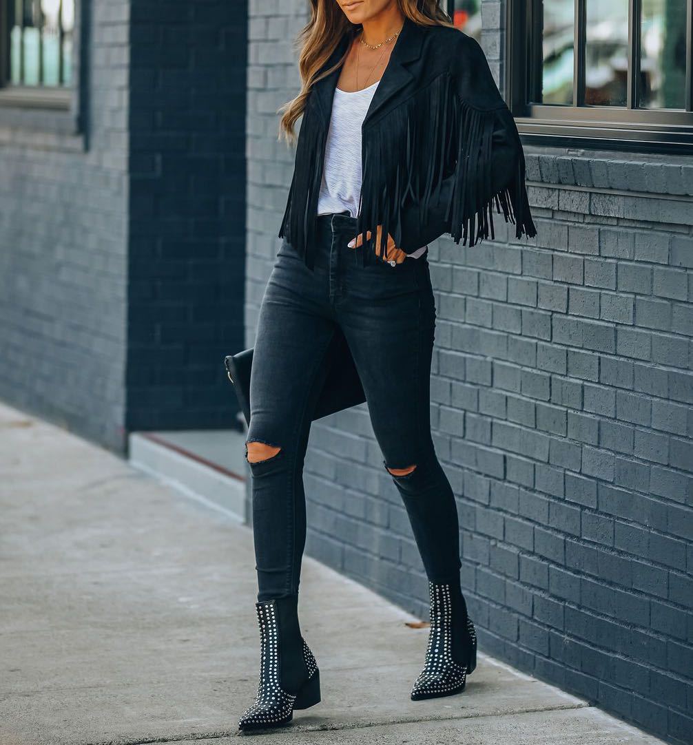 Women's 90s Vintage Streetwear Y2k Fringed Hem and Tassel Long Sleeve Fashion Motor Biker Style Jacket in Suede Leather
