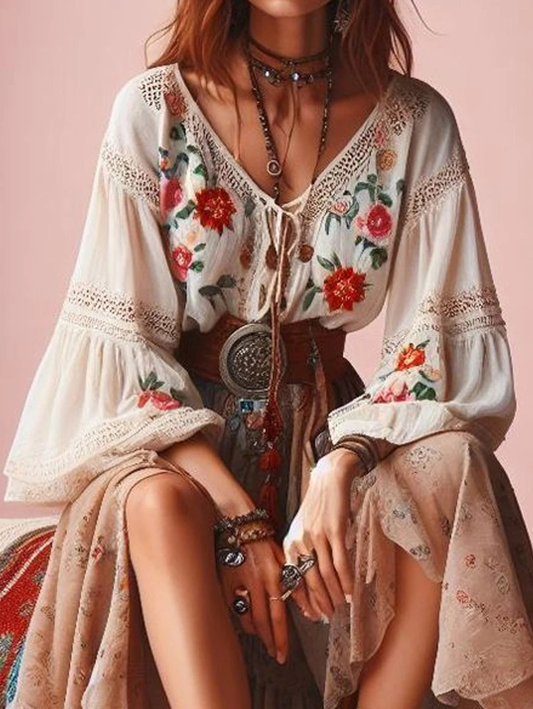 Lantern Sleeve Boho Blouse with Floral Pattern and V Neck Lace Patchwork
