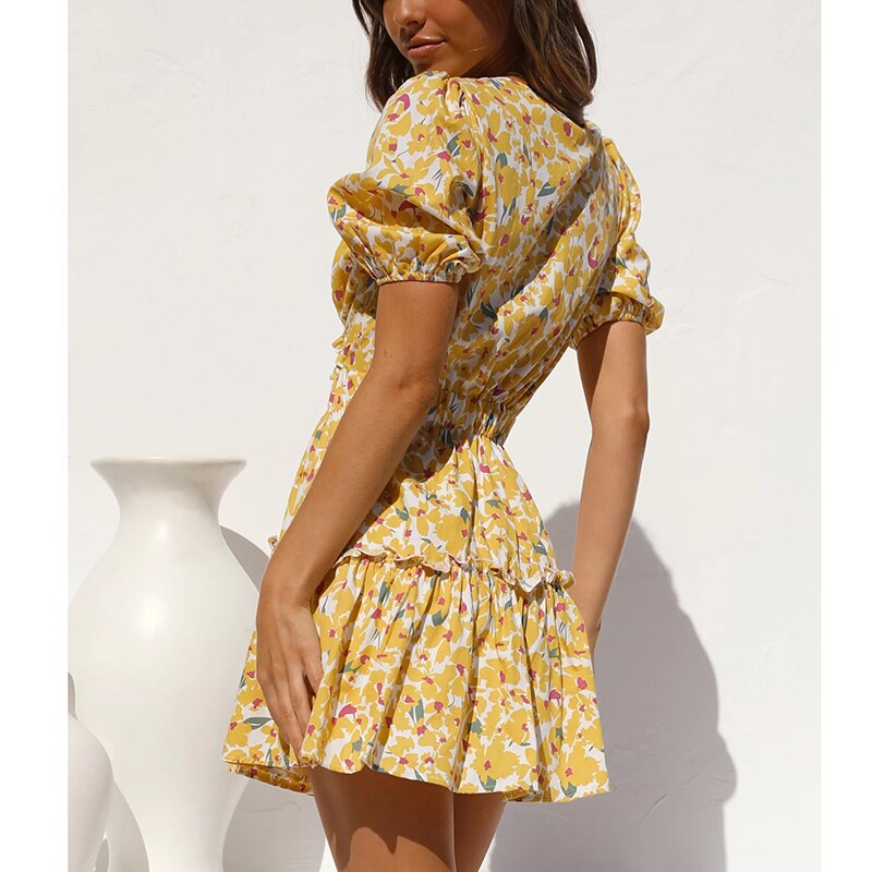 Gypsy Floral Printed Mini Dress with Deep V-Neck and Puff Sleeve