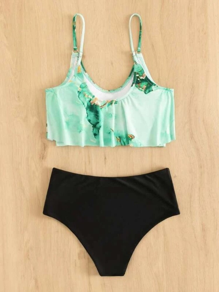 High Waist Tie Dye Two Piece Ruffle Bikini Set