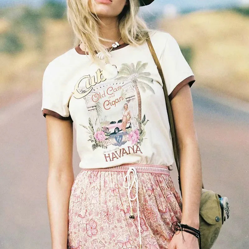 Hippie / Vintage Coconut Tree Printed Short Sleeve Cotton T-shirt