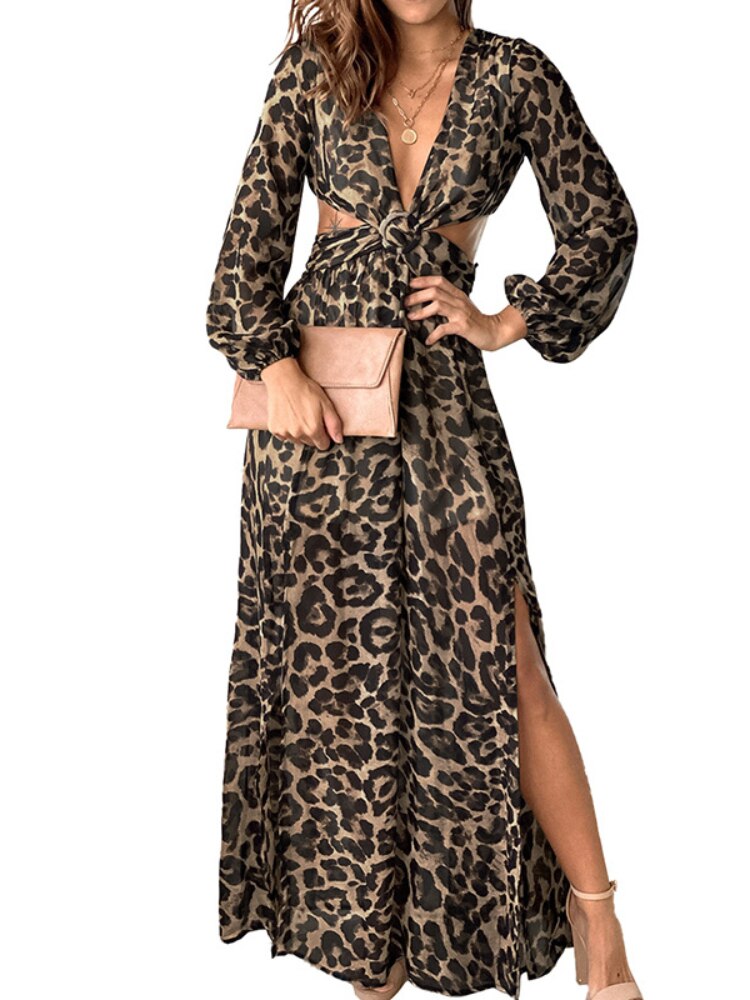 Boho Leopard Print Maxi Dress with Long Sleeves, Deep V-Neck and Side Slit