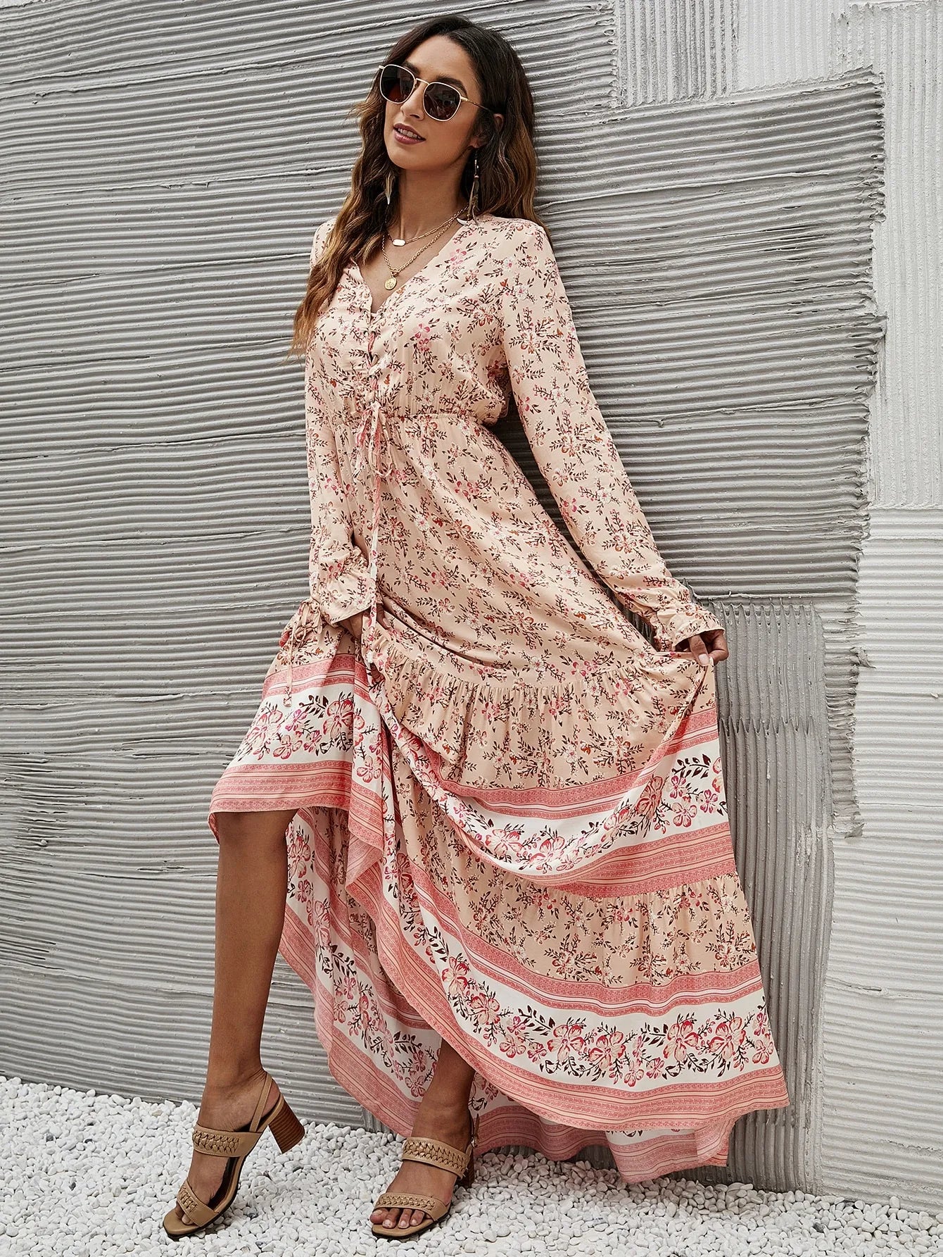 Boho Floral Lace Up Ruffled Hem Sundress with Long Sleeves