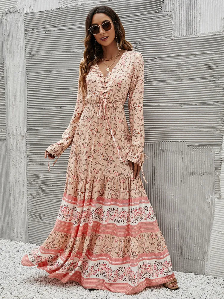 Boho Floral Lace Up Ruffled Hem Sundress with Long Sleeves