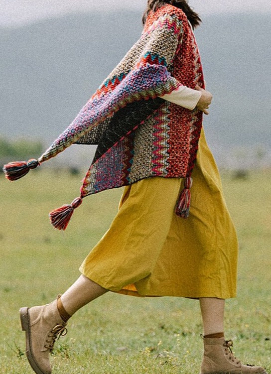 Winter Gypsy/ Boho Knitted Poncho Cloak with Tassels